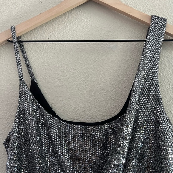 EXPRESS Metallic Sequin Asymmetrical Sleeveless Sheath Dress - Picture 6 of 13